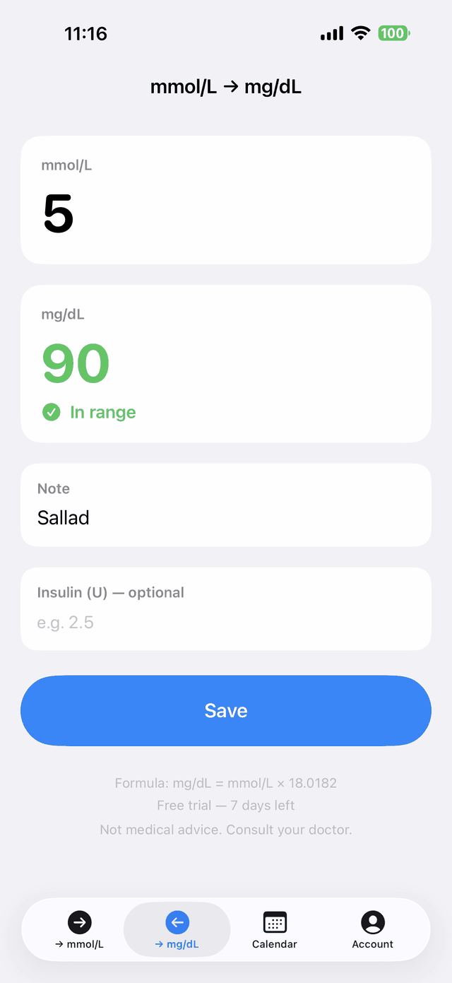 The GlucoConvert app converting 5 mmol/L to 90 mg/dL, flagged as in range