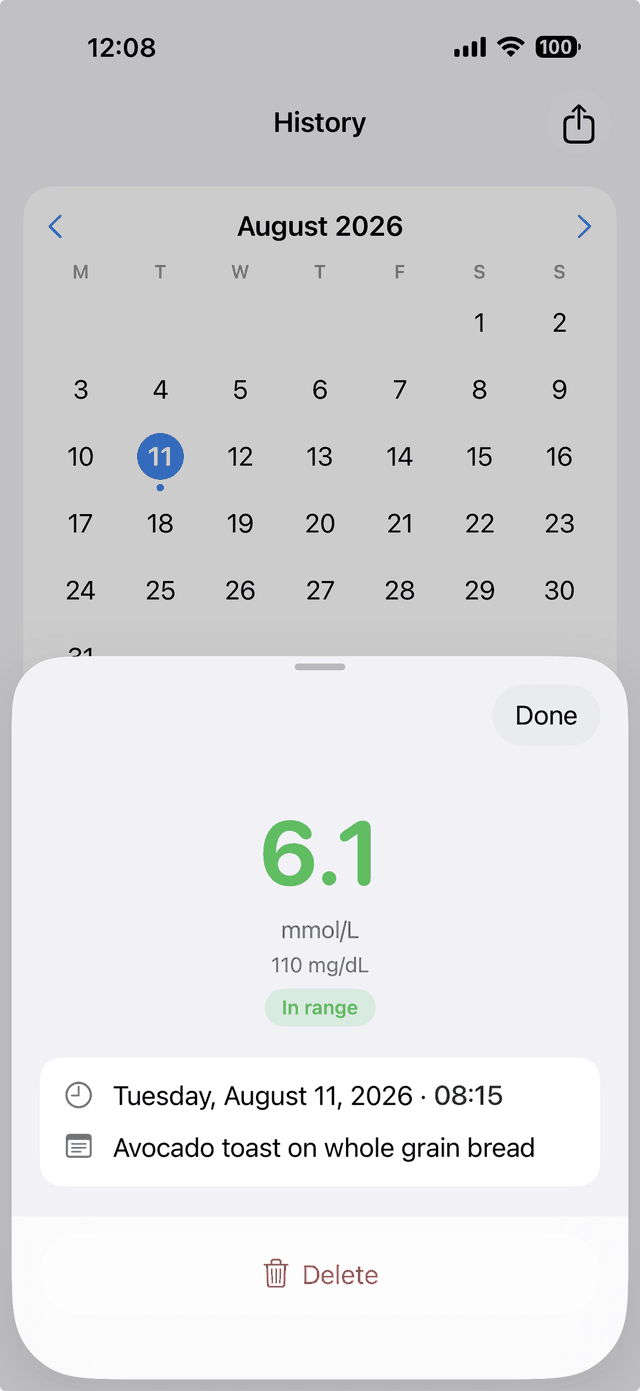 A single reading of 6.1 mmol/L with its time and note