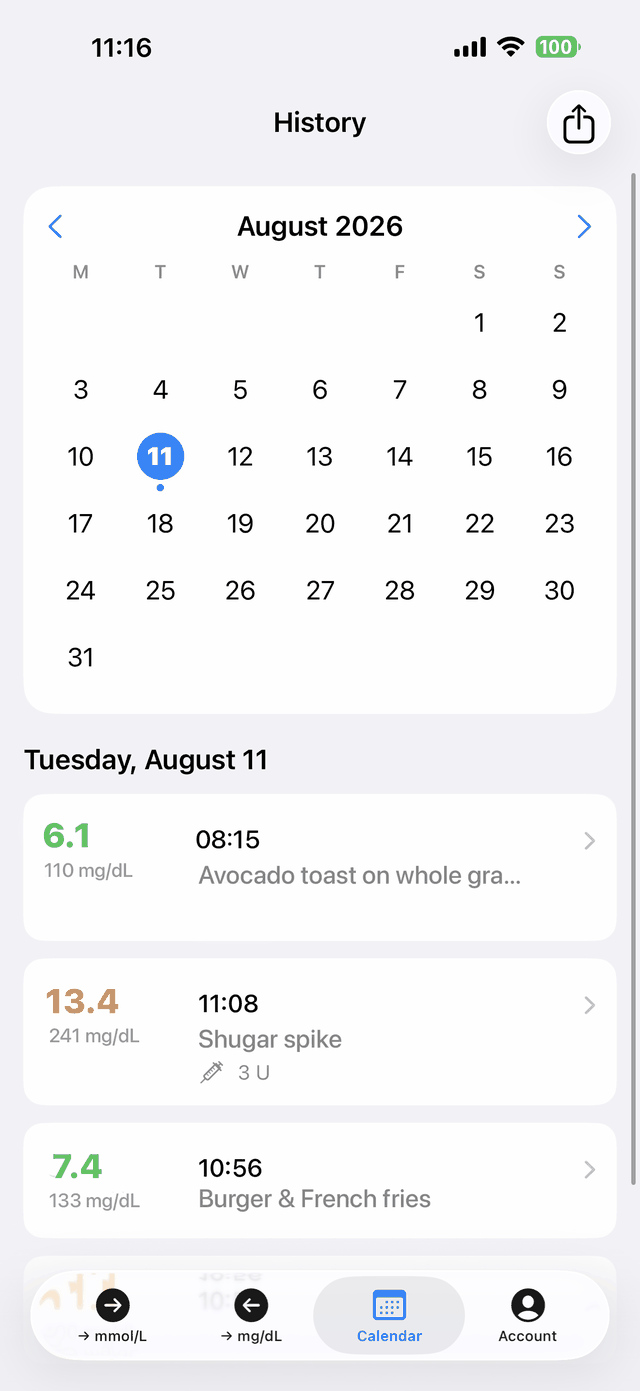 Calendar history for August 2026 with the day's readings listed