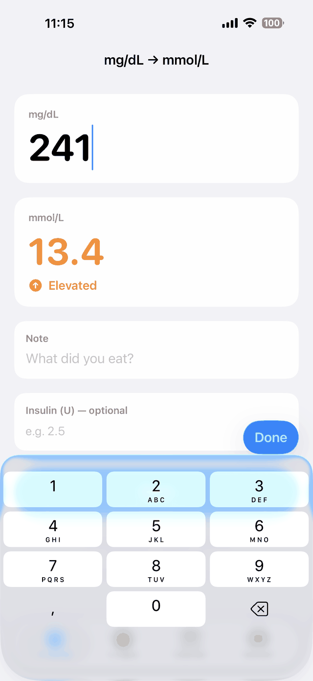 Entering 241 mg/dL, converted to 13.4 mmol/L and flagged elevated