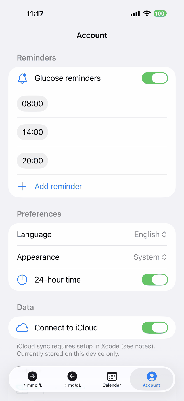 Reminder times and preferences in the account tab